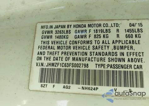 2015 Honda Cr-Z Ex z USA, uszkodzony, nr VIN JHMZF1C63FS002798